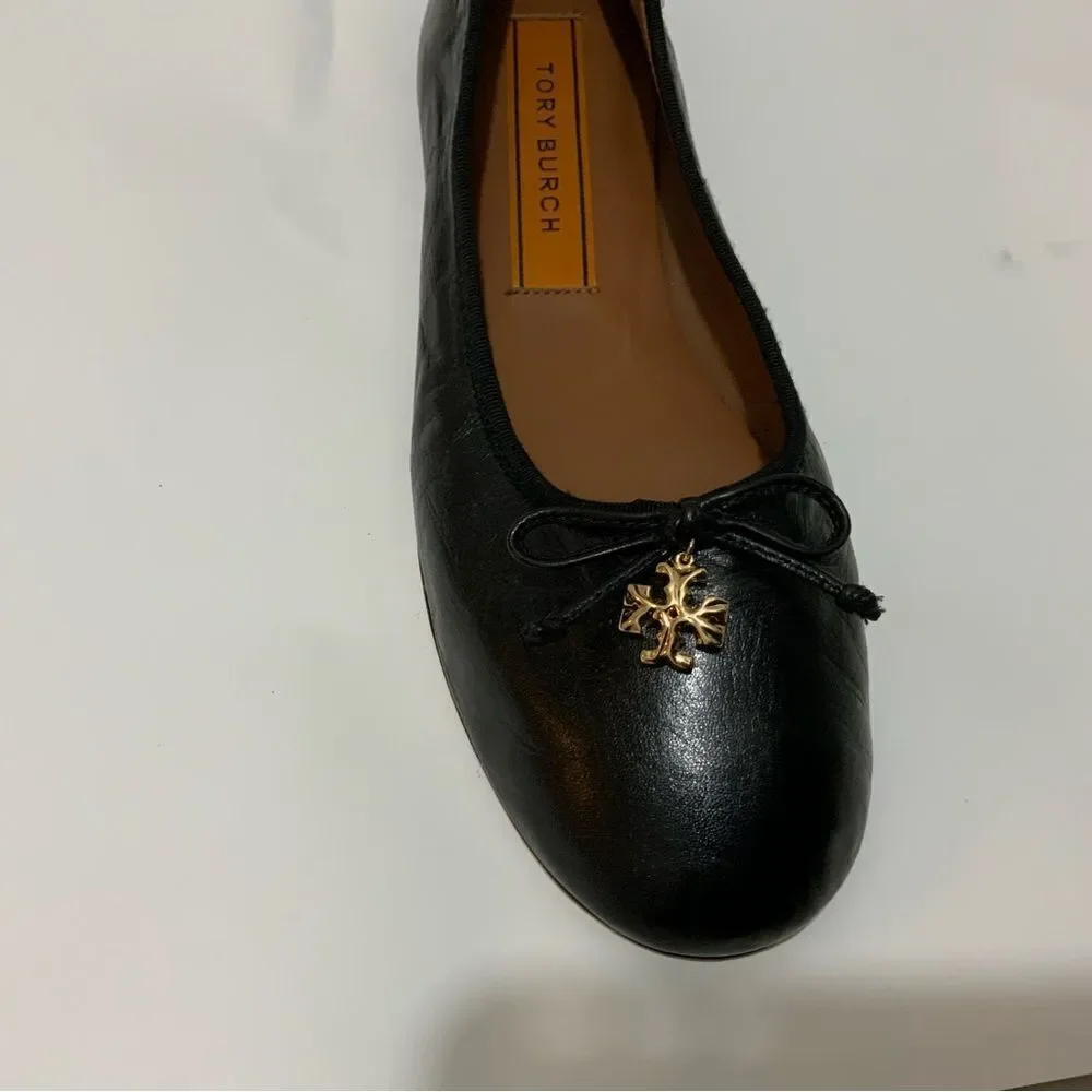Tory Burch Tory Charm Ballet Flat 10 M Perfect Black Goat Leather Gold Logo $268